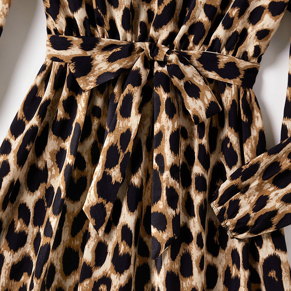 Family Matching Allover Leopard Print Long-sleeve Belted Dresses and Polo Shirts Sets Colorful big image 4