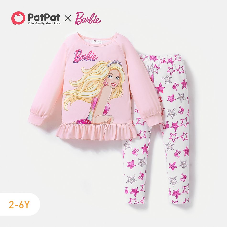 Barbie 2pcs Toddler Girl Ruffle Hem Long-sleeve Tee and Star Print Leggings Set Pink big image 1