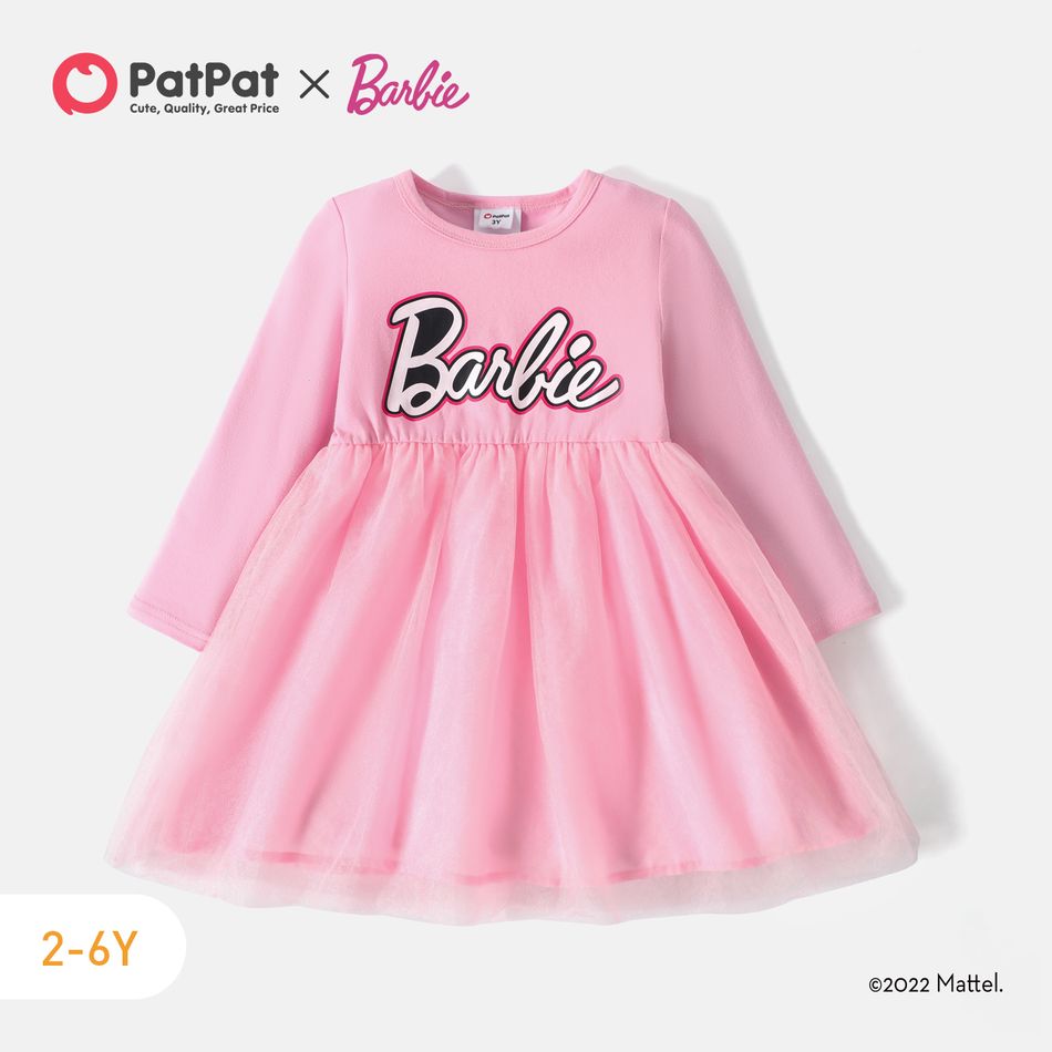 Barbie Toddler Girl Letter Print Cotton Mesh Splice Long-sleeve Pink Dress Pink big image 2