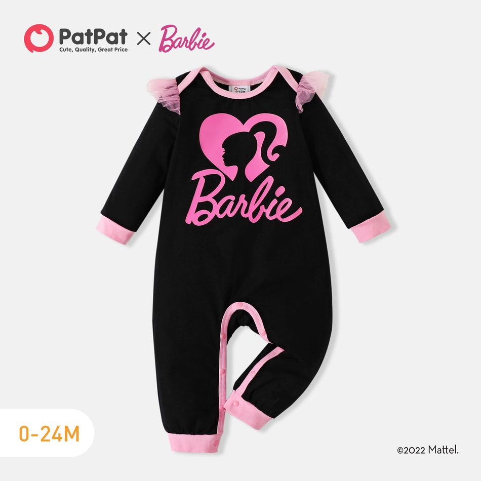Barbie Baby Girl 95% Cotton Long-sleeve Mesh Ruffle Trim Graphic Jumpsuit Black