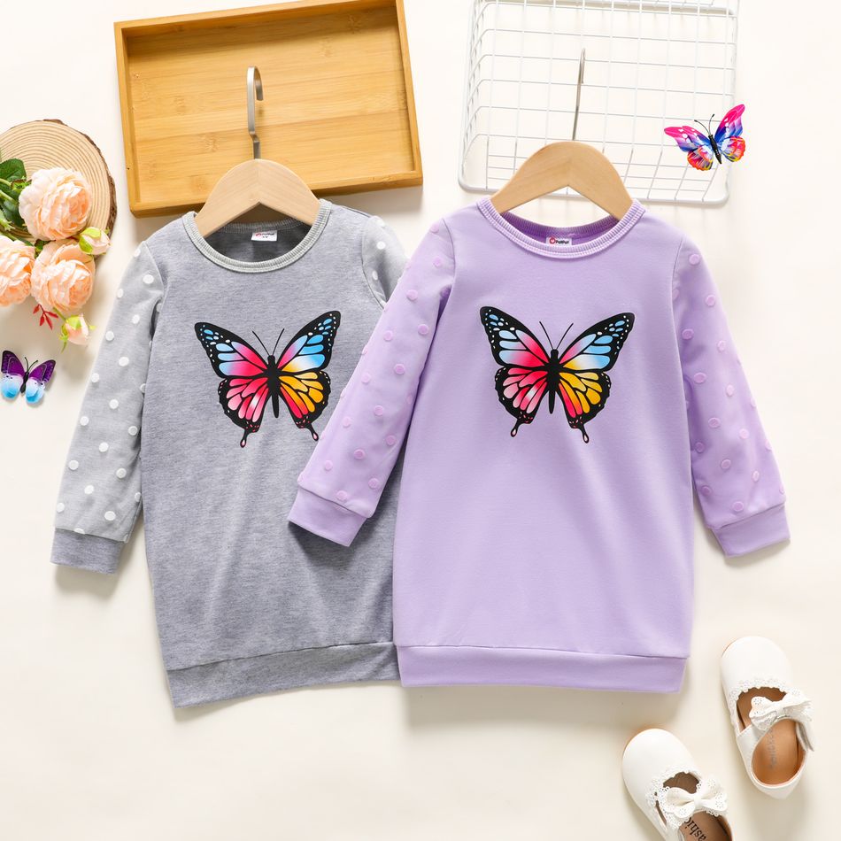 Toddler Girl Butterfly Polka Dots Mesh Layered Long-sleeve Grey Dress flowergrey big image 6