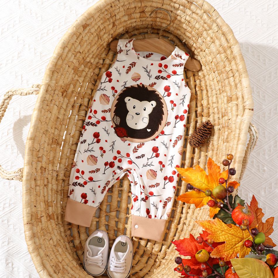 Thanksgiving Day Baby Boy/Girl Hedgehog Embroidered Allover Print Tank Jumpsuit Apricot