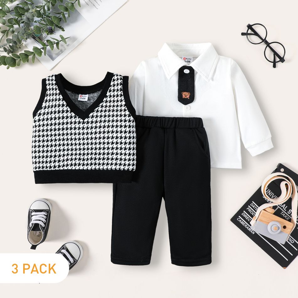 3-Pack Baby Boy Houndstooth Vest and Solid Long-sleeve Shirt with Pants Set BlackandWhite big image 1