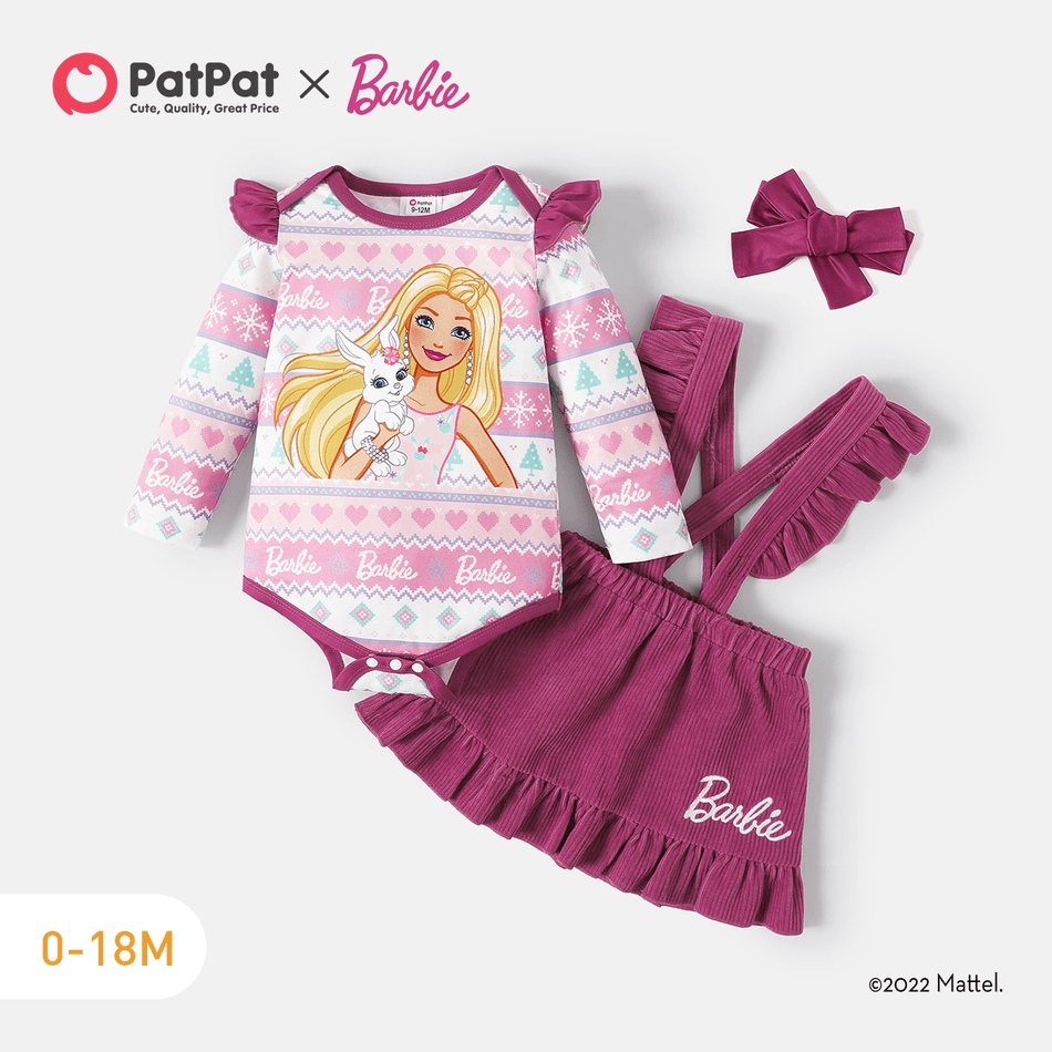 Barbie 3pcs Baby Girl Christmas Graphic Print Long-sleeve Romper and Solid Ruffle Trim Corduroy Suspender Skirt with Headband Set Purple big image 1