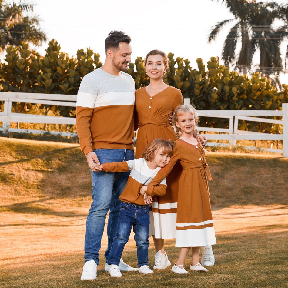 Family Matching Long-sleeve V Neck Button Front Colorblock Rib Knit Midi Dresses and Tops Sets YellowBrown big image 2
