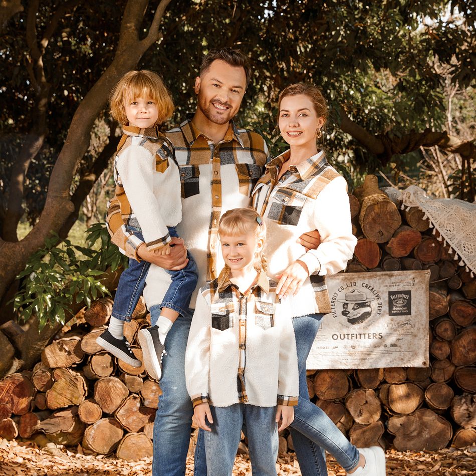 Family Matching Plaid Spliced Thermal Fleece Long-sleeve Button Tops Color block big image 1