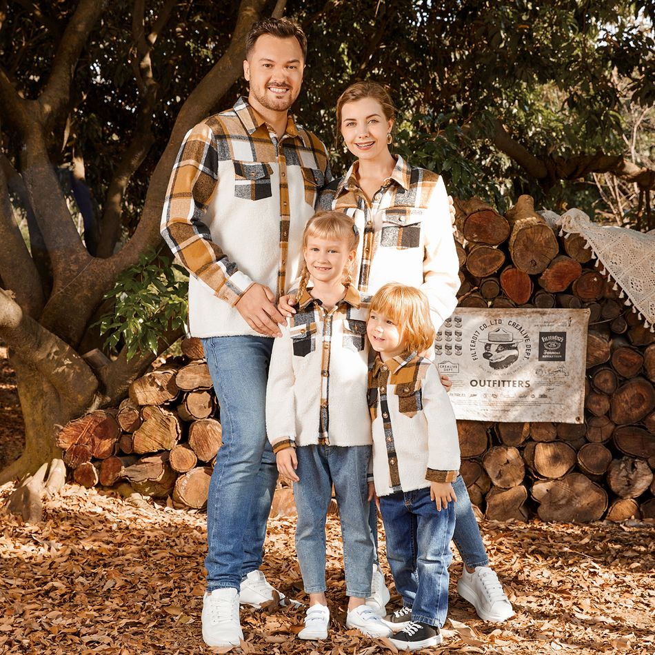 Family Matching Plaid Spliced Thermal Fleece Long-sleeve Button Tops Color block big image 3