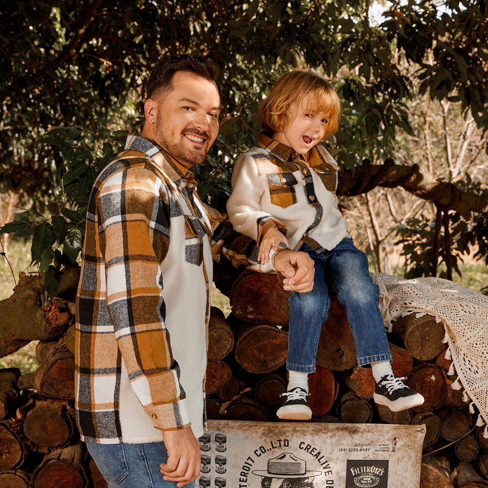 Family Matching Plaid Spliced Thermal Fleece Long-sleeve Button Tops Color block big image 9