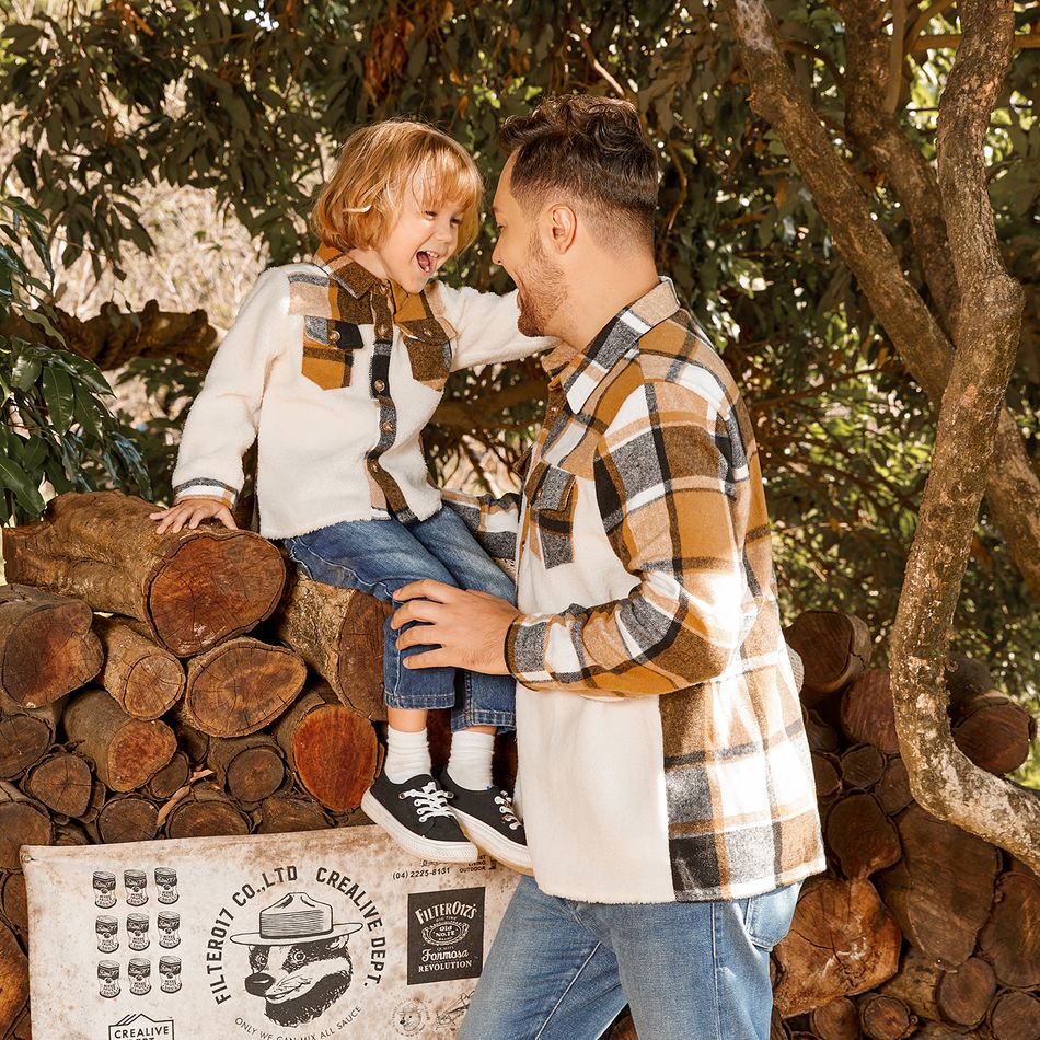 Family Matching Plaid Spliced Thermal Fleece Long-sleeve Button Tops Color block big image 5
