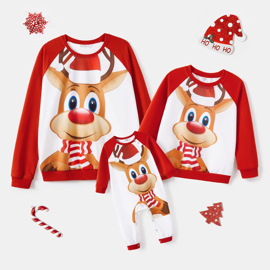 Christmas Mommy and Me Deer Print Red Raglan-sleeve Sweatshirts ColorBlock big image 1