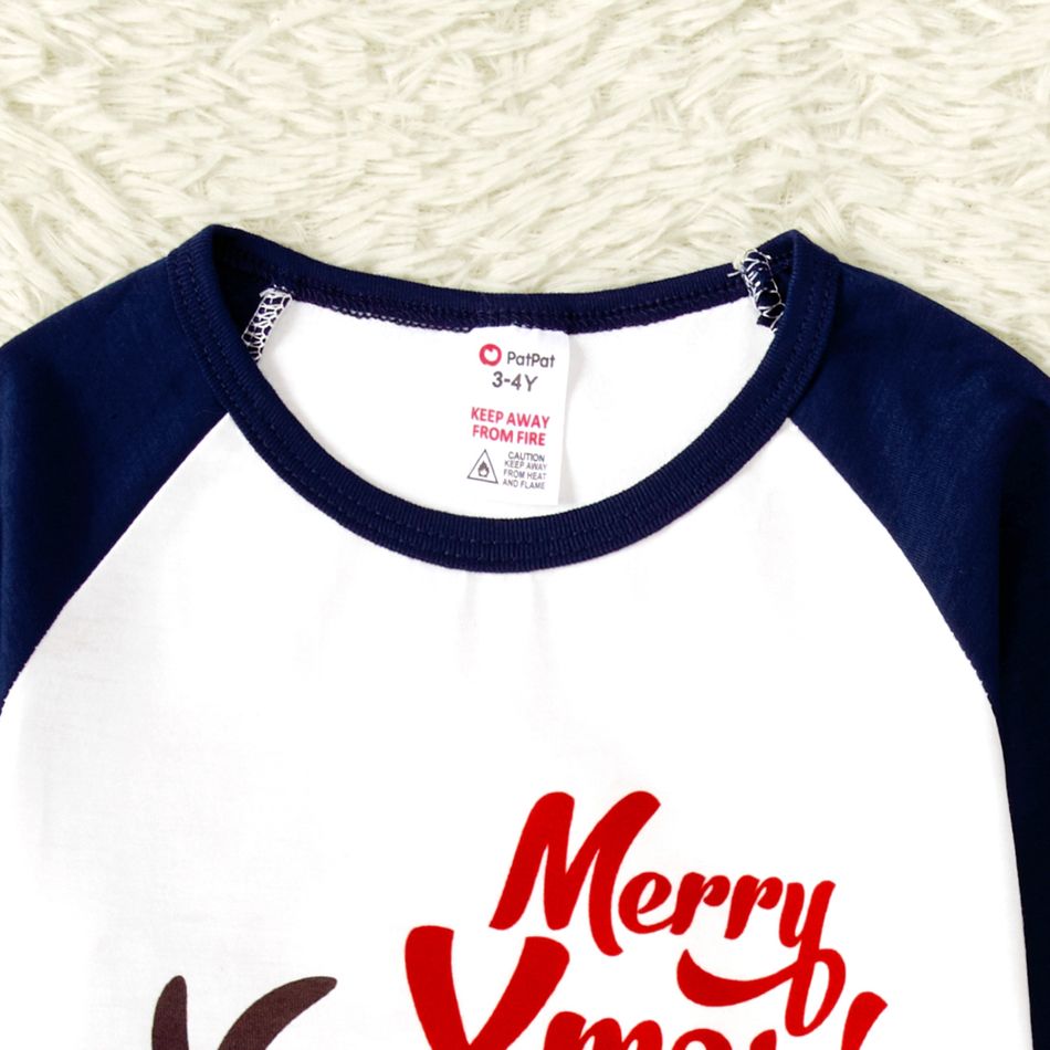 Merry Xmas Letters and Reindeer Print Navy Family Matching Long-sleeve Pajamas Sets (Flame Resistant) Dark blue/White/Red big image 9