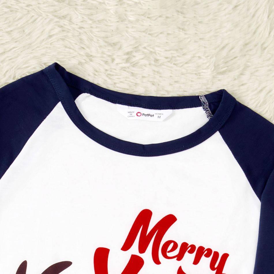 Merry Xmas Letters and Reindeer Print Navy Family Matching Long-sleeve Pajamas Sets (Flame Resistant) Dark blue/White/Red big image 6