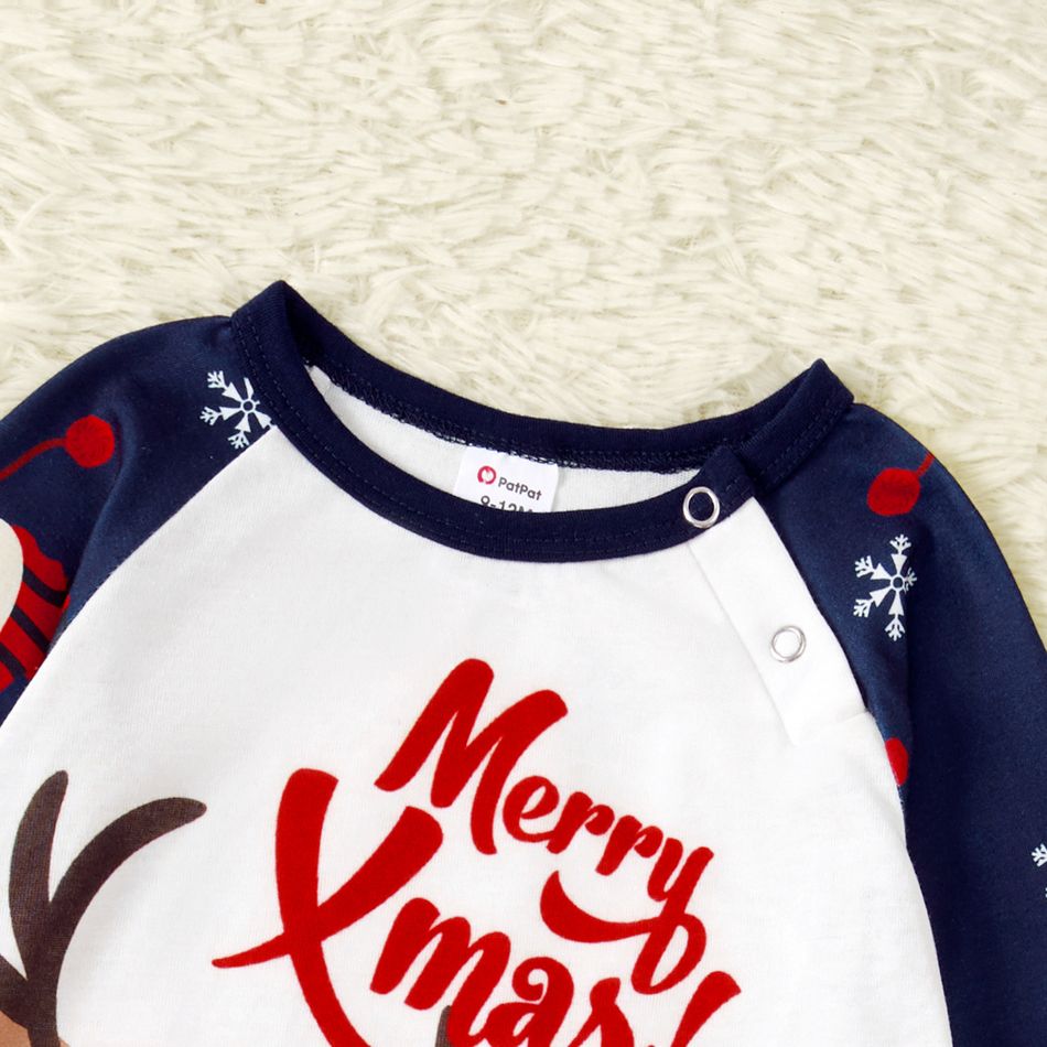 Merry Xmas Letters and Reindeer Print Navy Family Matching Long-sleeve Pajamas Sets (Flame Resistant) Dark blue/White/Red big image 12