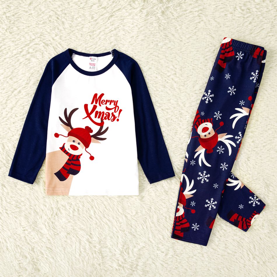 Merry Xmas Letters and Reindeer Print Navy Family Matching Long-sleeve Pajamas Sets (Flame Resistant) Dark blue/White/Red big image 8