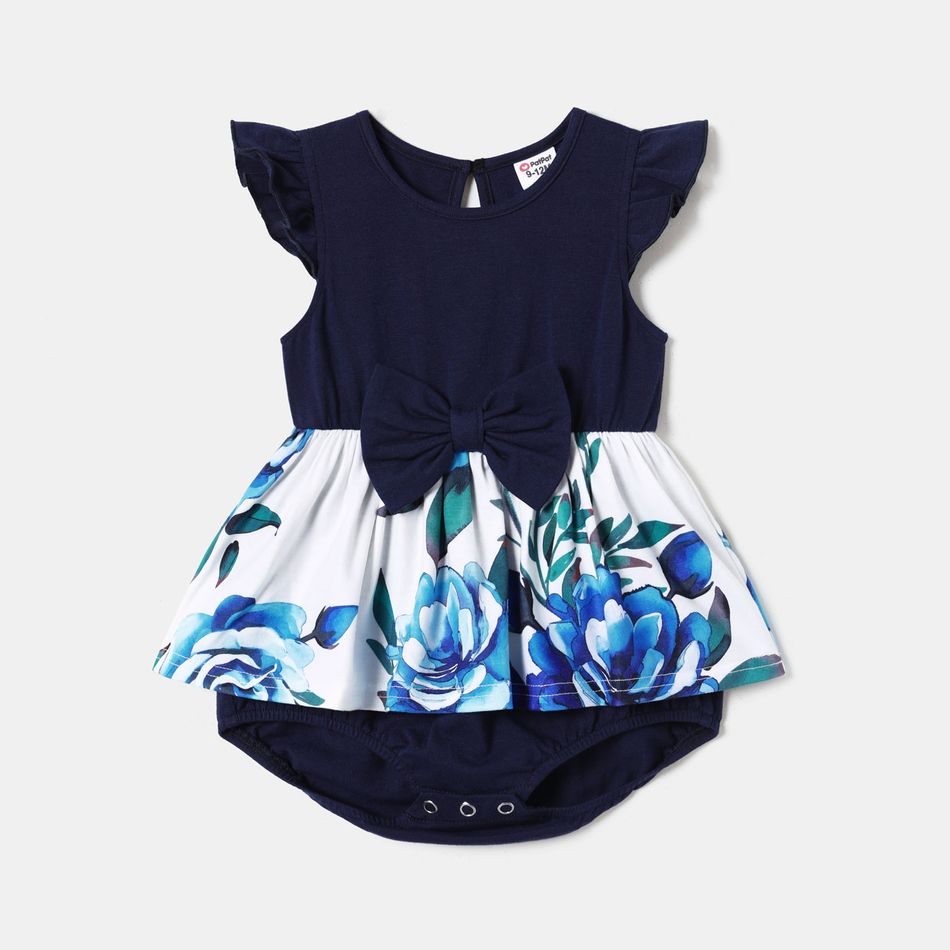 Family Matching 95% Cotton Short-sleeve Colorblock T-shirts and Floral Print High Low Hem Spliced Dresses Sets royalblue big image 8