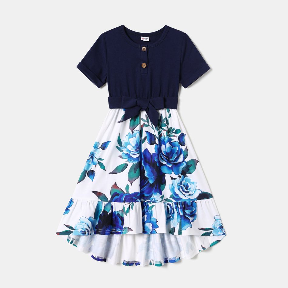 Family Matching 95% Cotton Short-sleeve Colorblock T-shirts and Floral Print High Low Hem Spliced Dresses Sets royalblue big image 6