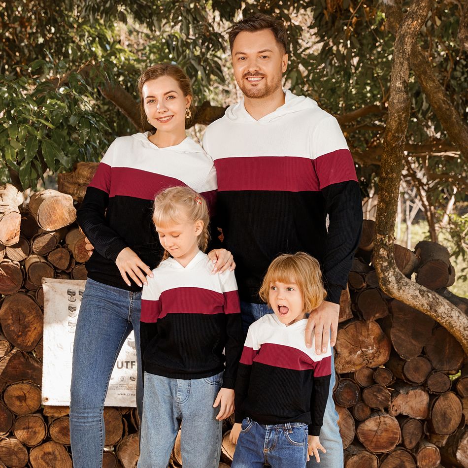 Family Matching Cotton Rib Knit Colorblock Long-sleeve Hoodies Black/White/Red big image 2