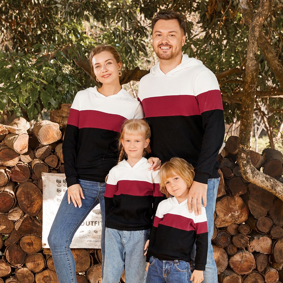 Family Matching Cotton Rib Knit Colorblock Long-sleeve Hoodies Black/White/Red big image 14