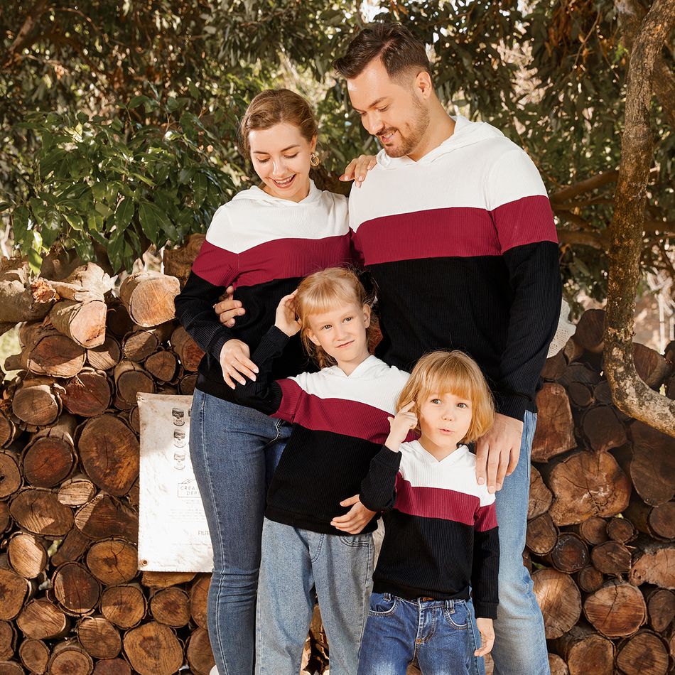 Family Matching Cotton Rib Knit Colorblock Long-sleeve Hoodies Black/White/Red big image 6