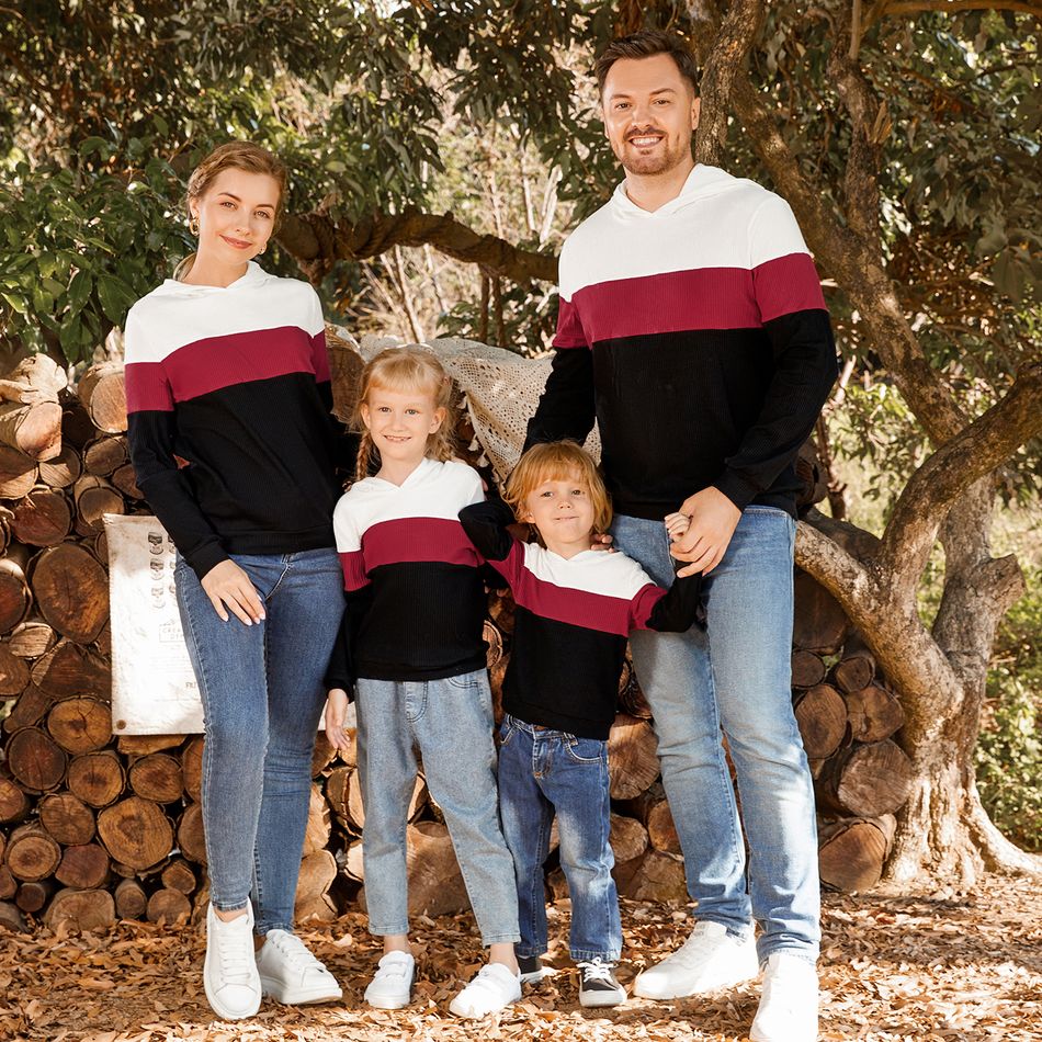 Family Matching Cotton Rib Knit Colorblock Long-sleeve Hoodies Black/White/Red big image 7