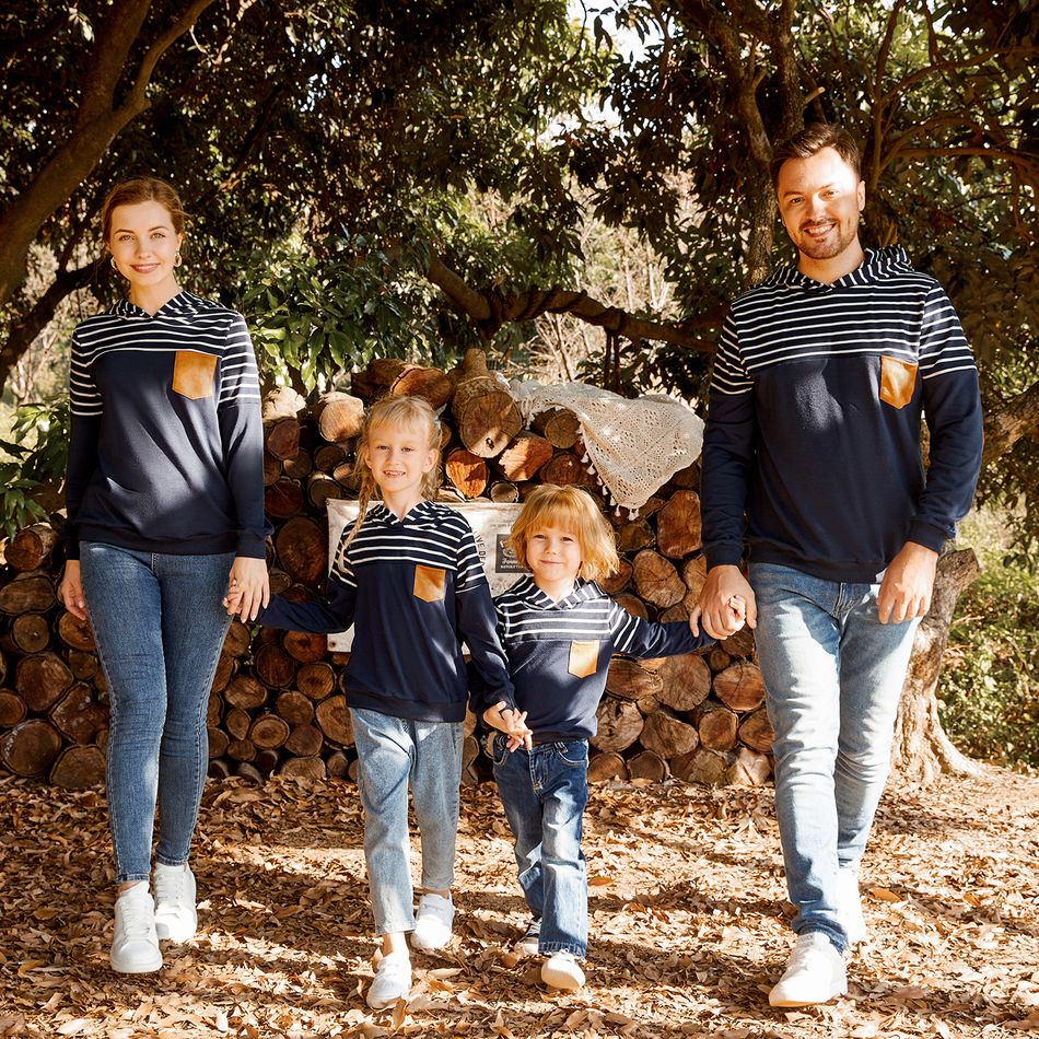 Family Matching Blue Striped Spliced Long-sleeve Hoodies Blue big image 11
