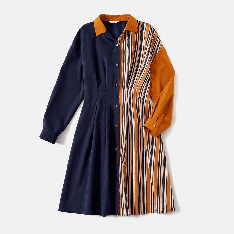 Family Matching Striped Colorblock Spliced Long-sleeve Dresses and Shirts Sets Chestnut big image 2