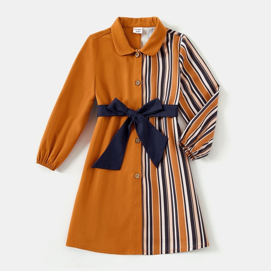 Family Matching Striped Colorblock Spliced Long-sleeve Dresses and Shirts Sets Chestnut big image 6