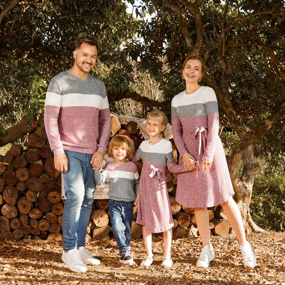 Family Matching Long-sleeve Colorblock Rib Knit Belted Dresses and Pullover Sets ColorBlock big image 2