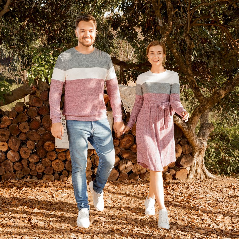 Family Matching Long-sleeve Colorblock Rib Knit Belted Dresses and Pullover Sets ColorBlock big image 3