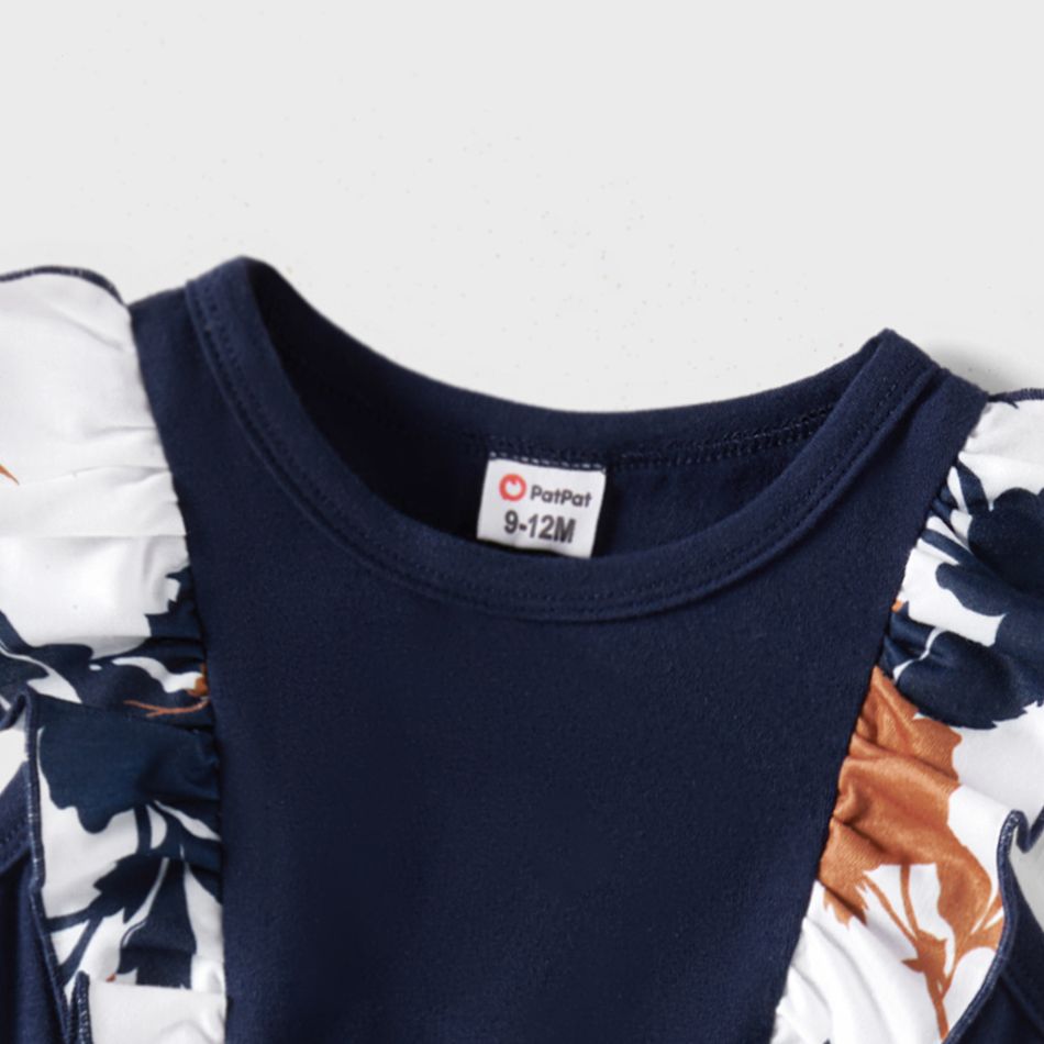Family Matching Cotton Short-sleeve Colorblock Ribbed T-shirts and V Neck Flutter-sleeve Spliced Floral Print High Low Hem Dresses Sets royalblue big image 9