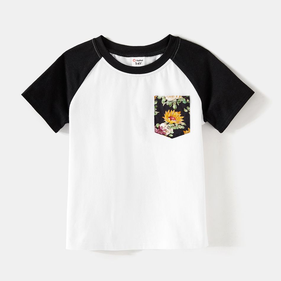 Family Matching 95% Cotton Colorblock Raglan-sleeve T-shirts and Floral Print Surplice Neck Belted Dresses Sets Black