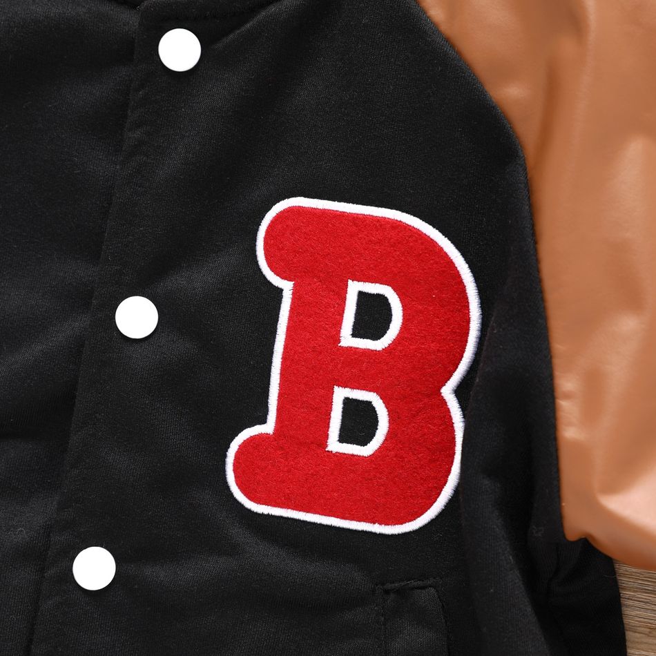 Toddler Boy Trendy Letter Embroidered PU Splice Bomber Jacket Black big image 4