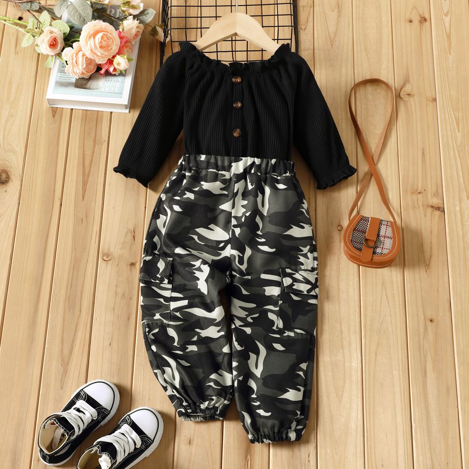 2pcs Toddler Girl Trendy Off Shoulder Ruffled Tee and Camouflage Print Pants Set Black big image 1