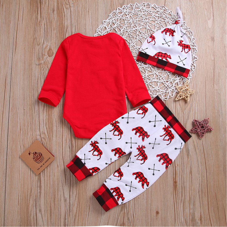 Christmas 3pcs Baby Boy/Girl 100% Cotton Long-sleeve Letter Print Romper and Allover Plaid Bear Graphic Pants with Hat Set Red