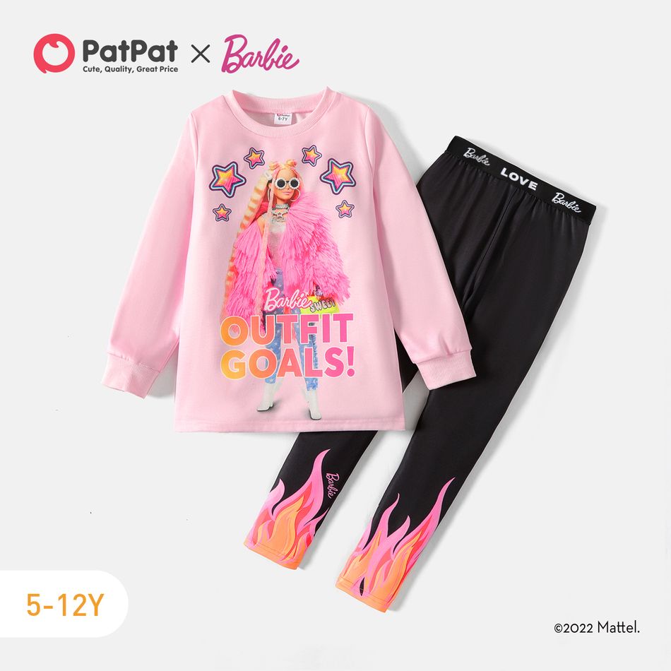 Barbie 2pcs Kid Girl Character Star Print Pink Sweatshirt and Colorblock Leggings Set Pink big image 1