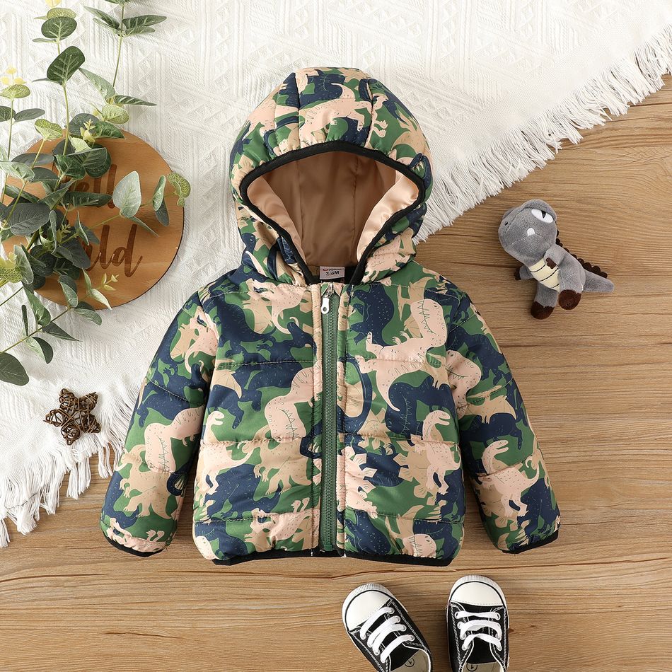 Baby Boy Allover Dinosaur Print Thermal Hooded Winter Coat Army green