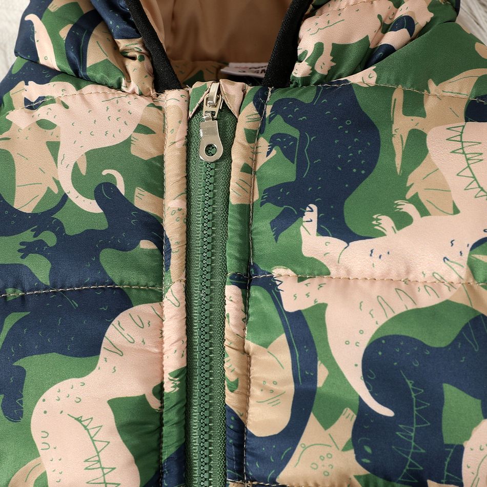 Baby Boy Allover Dinosaur Print Thermal Hooded Winter Coat Army green big image 4