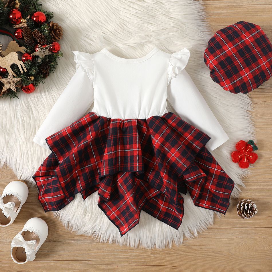 Christmas 2pcs Baby Girl Ruffle Long-sleeve Letter Embroidered Spliced Red Plaid Bow Front Irregular Hem Dress with Beret Set White big image 2