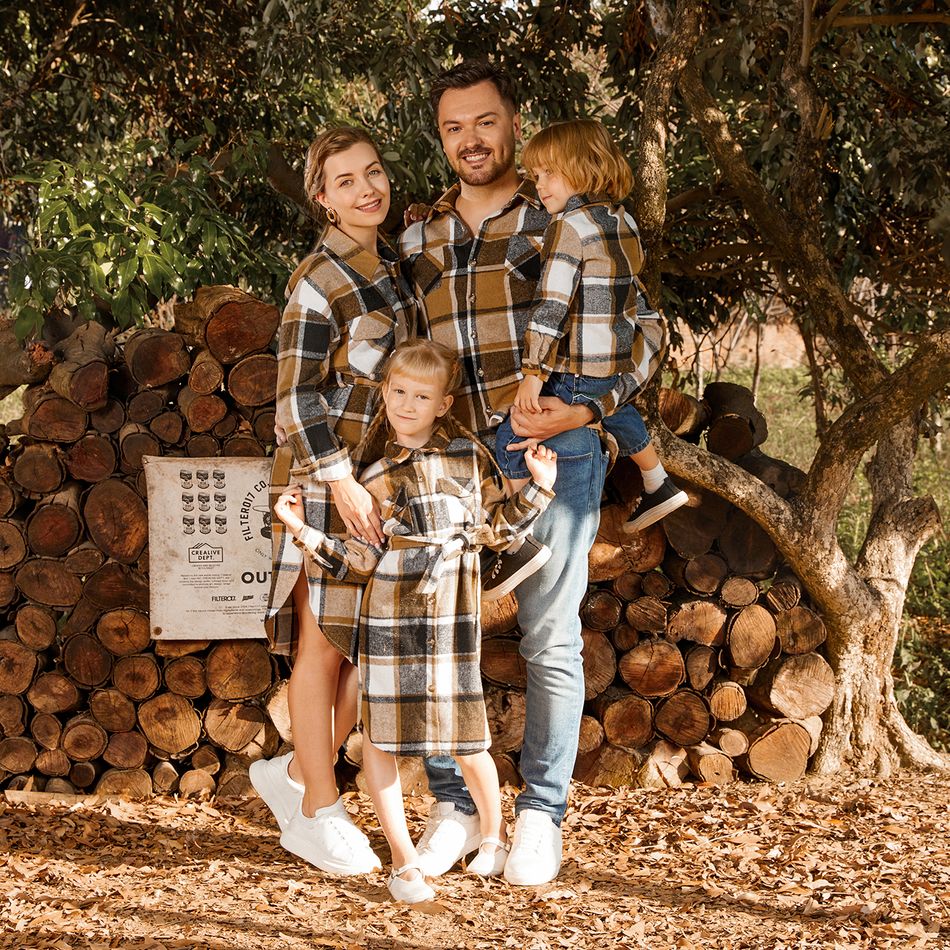 Family Matching Long-sleeve Button Up Coffee Plaid Shirts and Dresses Sets Coffee big image 13
