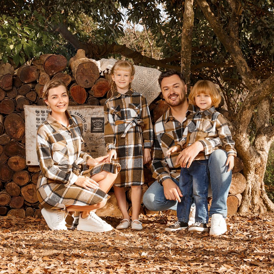 Family Matching Long-sleeve Button Up Coffee Plaid Shirts and Dresses Sets Coffee big image 4