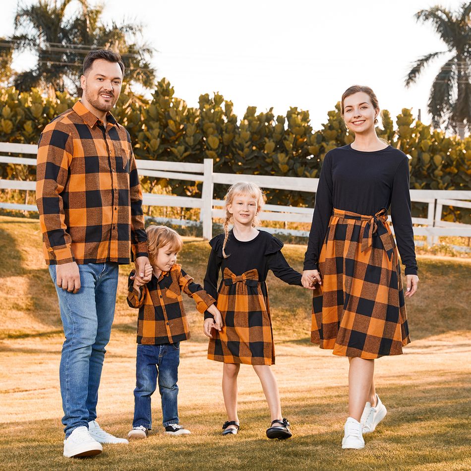 Family Matching Long-sleeve Solid Rib Knit Spliced Plaid Dresses and Button Up Shirts Sets Orangeyellow big image 2