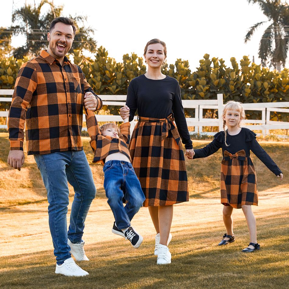 Family Matching Long-sleeve Solid Rib Knit Spliced Plaid Dresses and Button Up Shirts Sets Orangeyellow big image 13