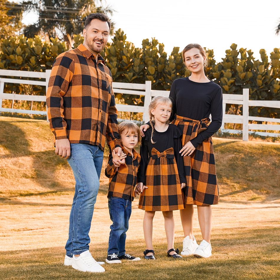 Family Matching Long-sleeve Solid Rib Knit Spliced Plaid Dresses and Button Up Shirts Sets Orangeyellow big image 6