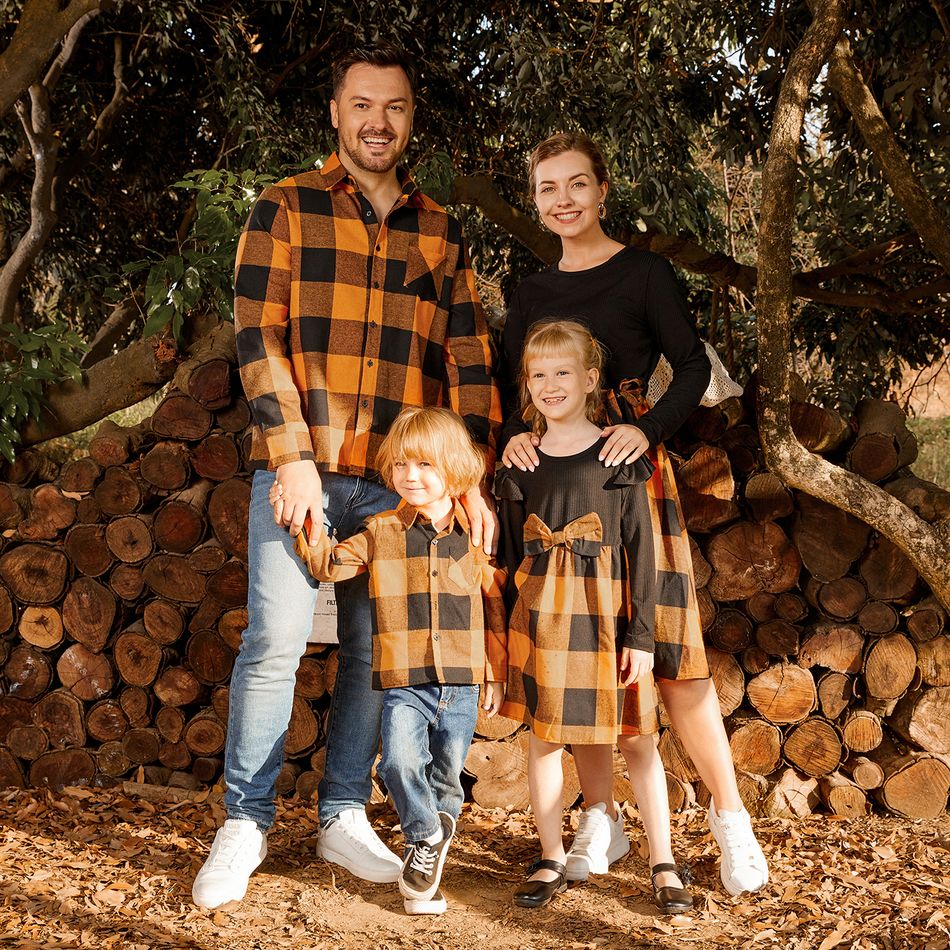 Family Matching Long-sleeve Solid Rib Knit Spliced Plaid Dresses and Button Up Shirts Sets Orangeyellow big image 5