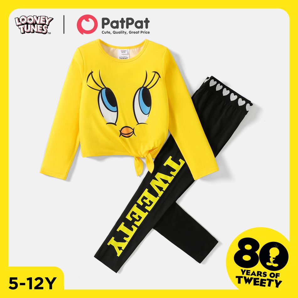 Looney Tunes 2pcs Kid Girl Character Print Tie Knot Long-sleeve Tee and Letter Print Leggings Set Yellow