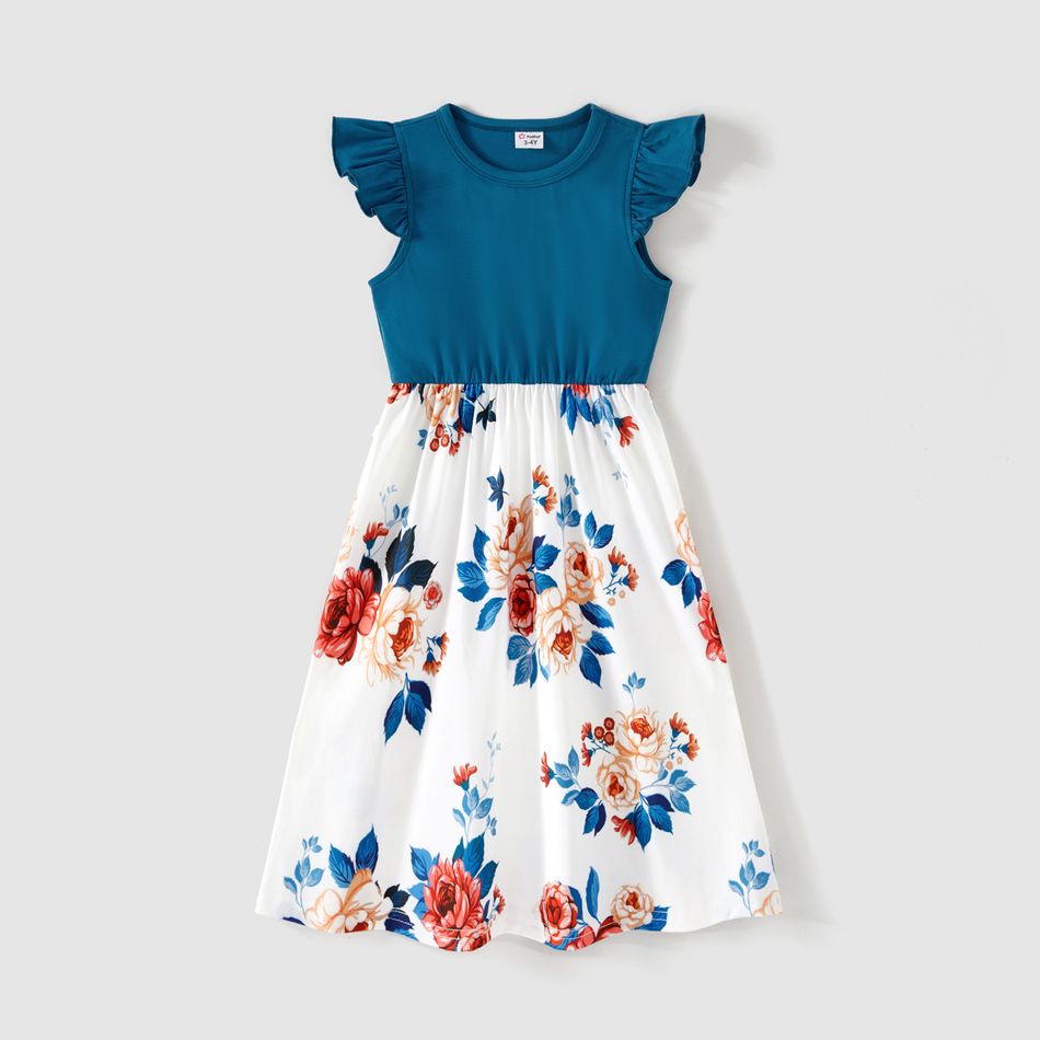 Family Matching Cotton Short-sleeve Colorblock T-shirts and Floral Print Spliced Dresses Sets Peacockblue big image 3