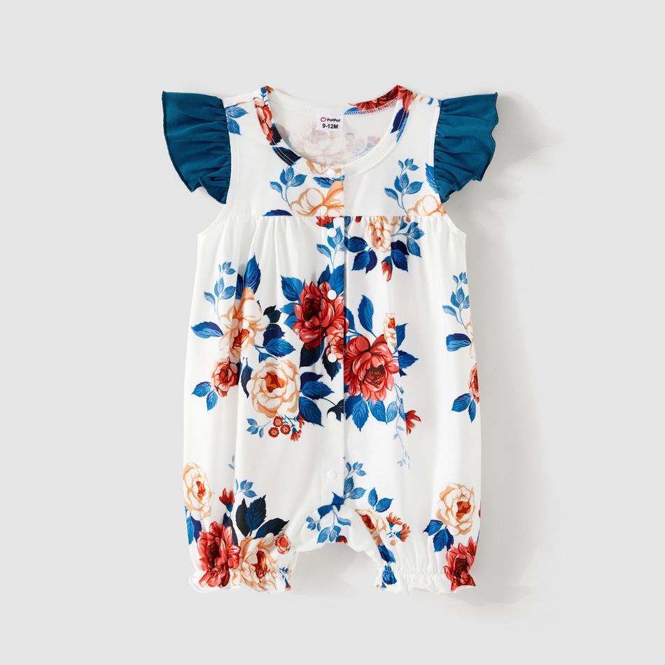 Family Matching Cotton Short-sleeve Colorblock T-shirts and Floral Print Spliced Dresses Sets Peacockblue big image 7