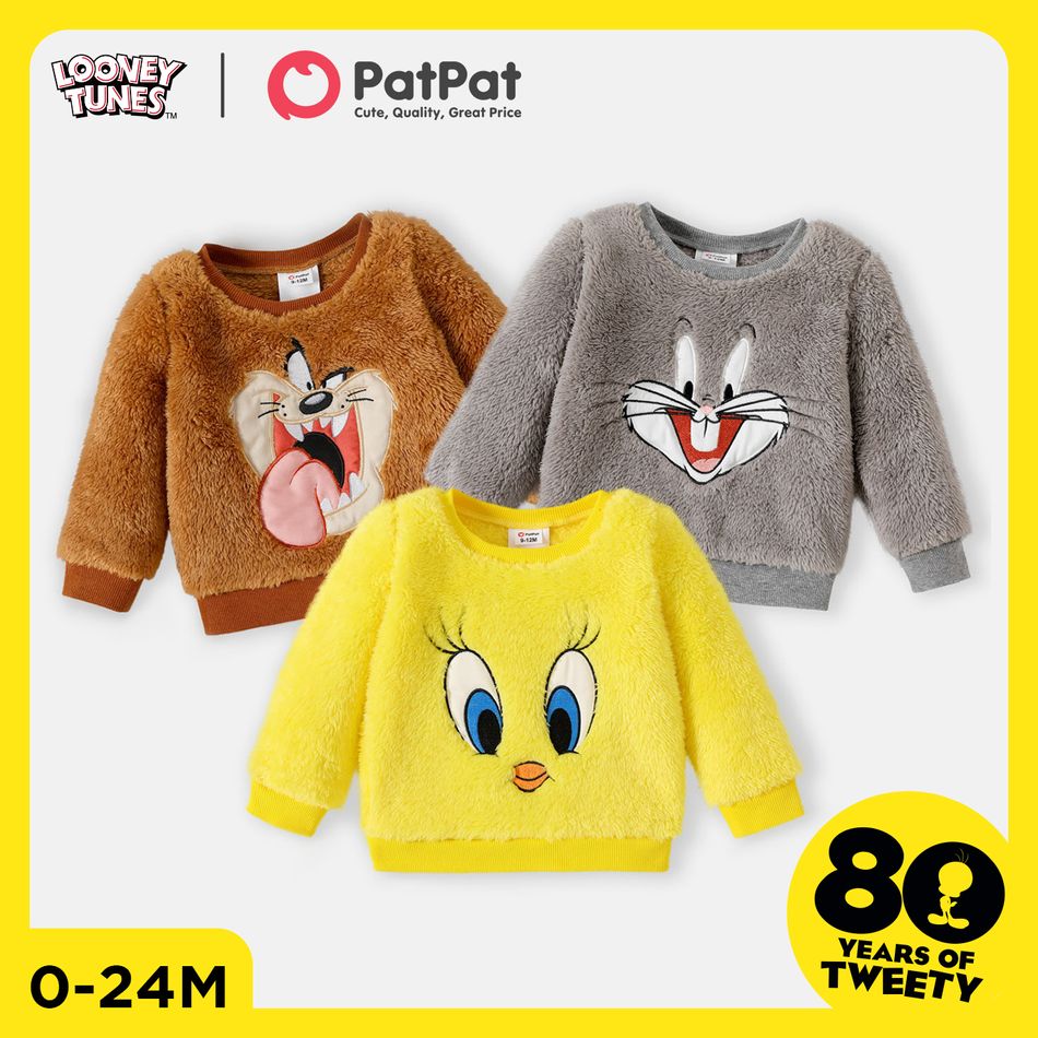 Looney Tunes Baby Boy/Girl Cartoon Animal Embroidered Long-sleeve Thermal Fuzzy Pullover Grey big image 6