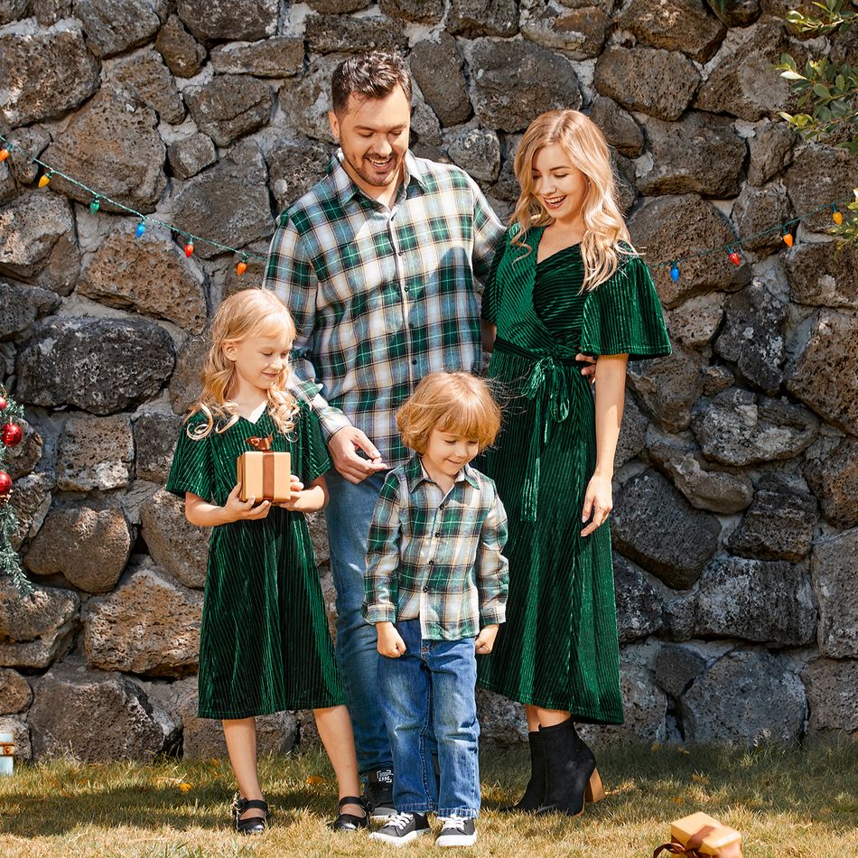 Family Matching Green Velvet Surplice Neck Ruffle-sleeve Dresses and Plaid Shirts Sets Green big image 1