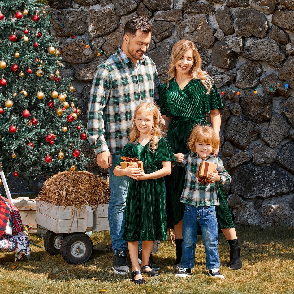 Family Matching Green Velvet Surplice Neck Ruffle-sleeve Dresses and Plaid Shirts Sets Green big image 3